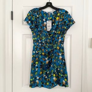 NWT Zara Blue Floral Mini Wrap Dress Silk